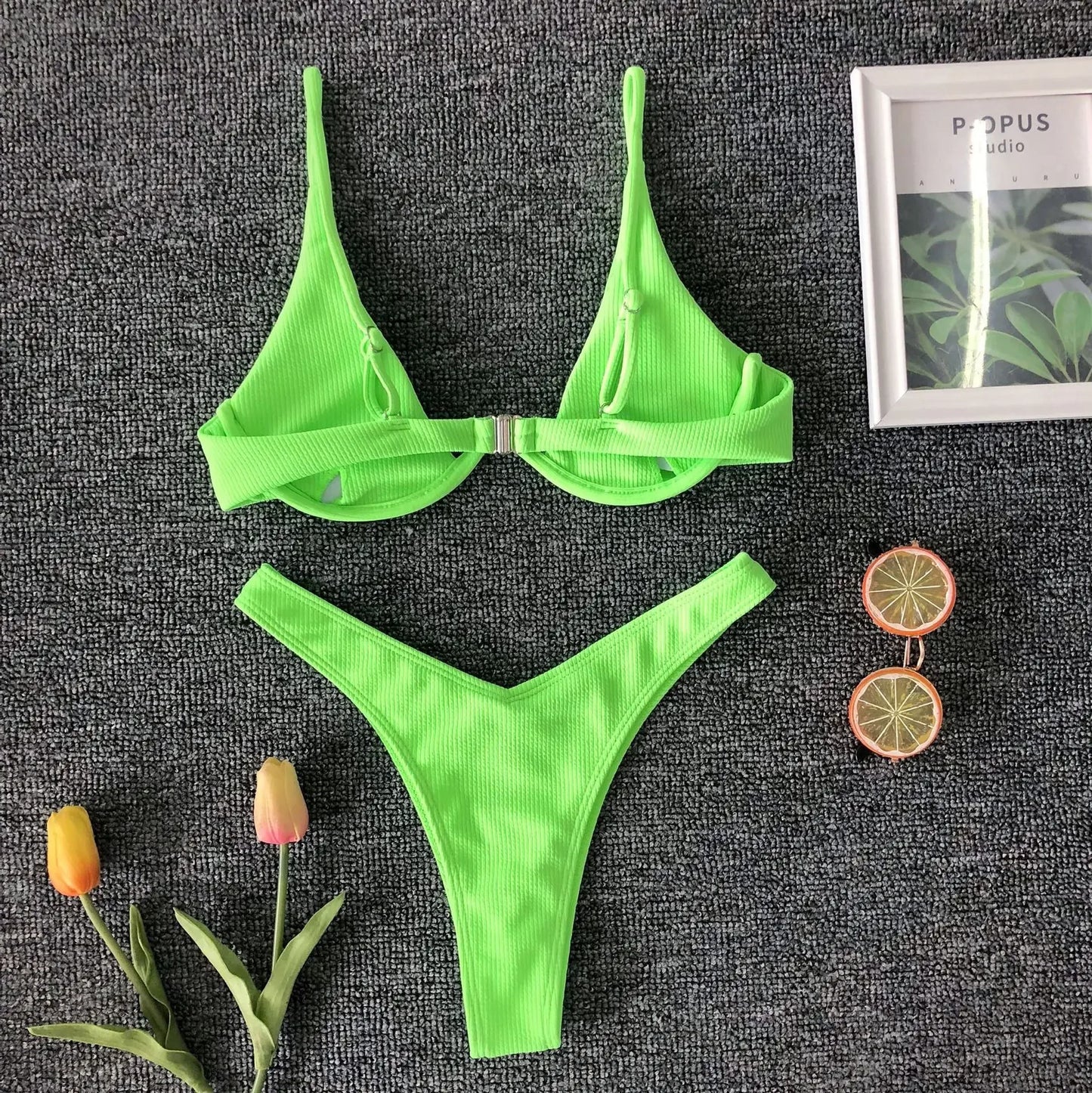 Neon Green Sexy Underwire Bikini Set 2024 Women Solid Leopard Push Up Micro Swimsuit Summer Bathing Suit Thong Swimwear Biquini