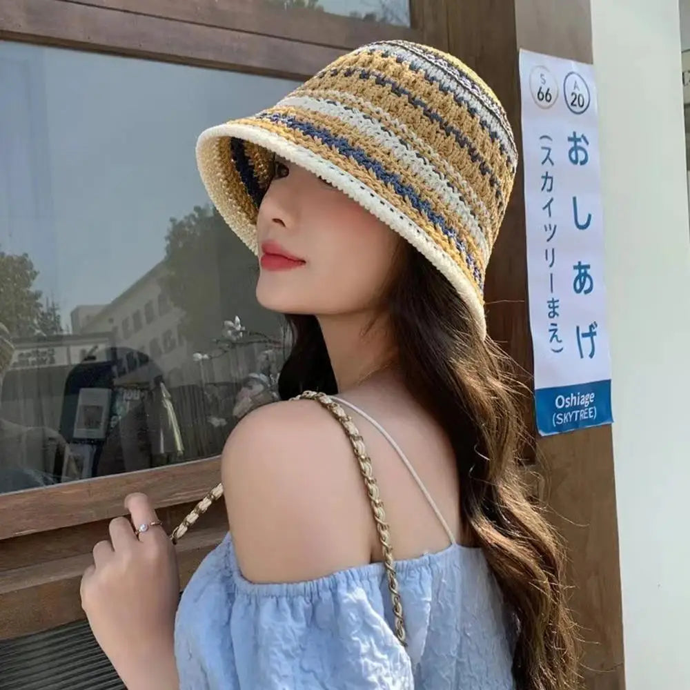 Summer Hollow Knitted Hollow Fisherman Caps Sun Protection Straw Bucket Hat Breathable Crochet Beach Cap Wide Brim Sun Hat