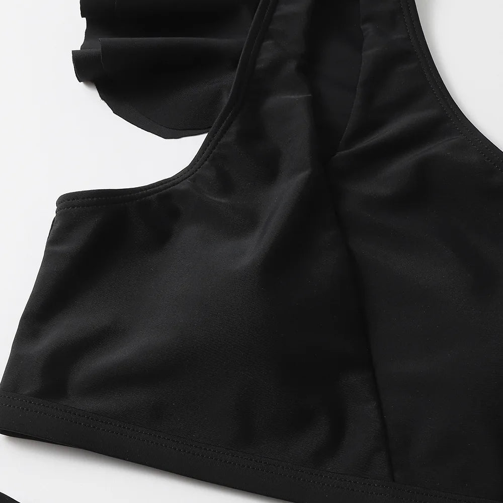 One Shoulder Bikinis 2025 Women Ruffle Swimsuit Solid High Waist Swimwear Female Padded Bathers Bathing Swimming Suit Beachwear