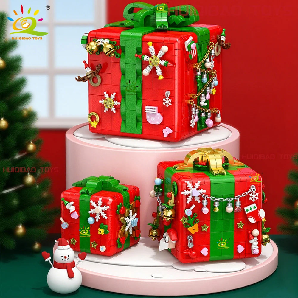 HUIQIBAO Christmas Gift Surprise Mechanism Box Model Building Block DIY Elk Snowman Bricks Ornament Toys for Children Adult