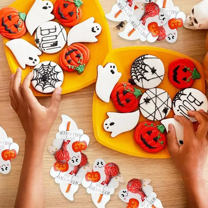 50/100PCS Halloween Paper Lollipop Cards Cute Pumpkin Ghost Candy Packaging Cards for Trick or Treat Halloween Decoration