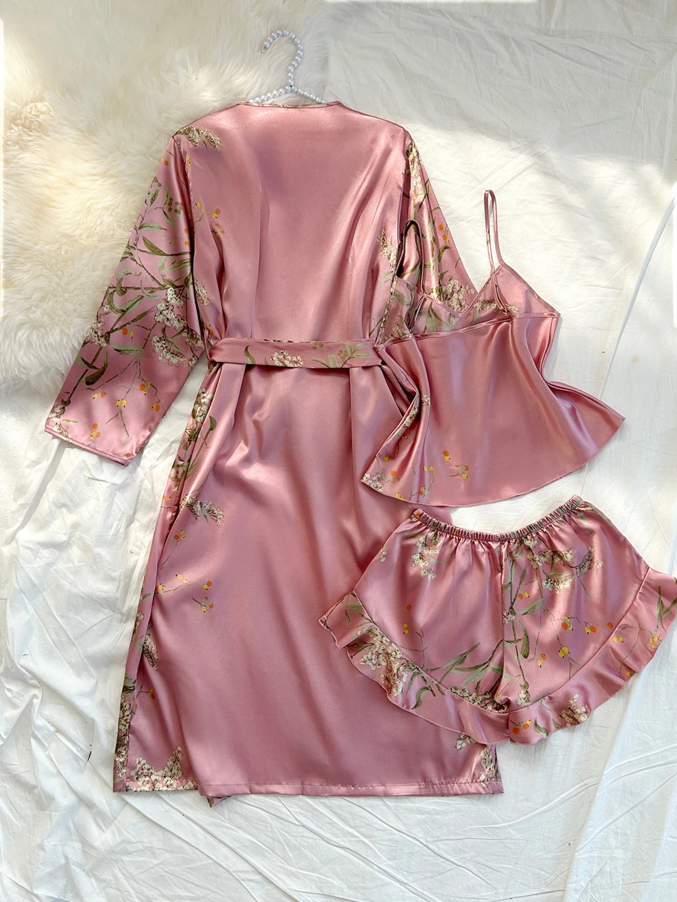 Summer irregular cherry print comfortable bathrobe and halter shorts sexy women's pajama four-piece set