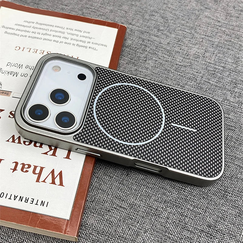 Carbon Fiber Texture MagSafe Phone Case For iPhone 17 Pro 16 pro max 15 Pro 14 13 12 Senior Frosted Wireless Charging Back Cover