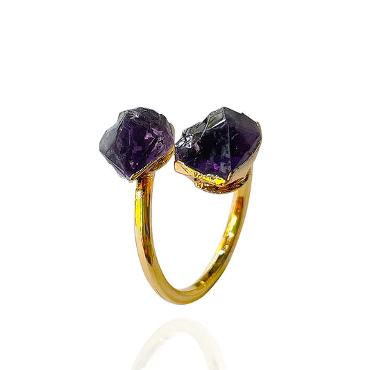 Irregular Amethyst Rough Stone Open Ring Golden Handmade Finger Jewelry Adjustable Size