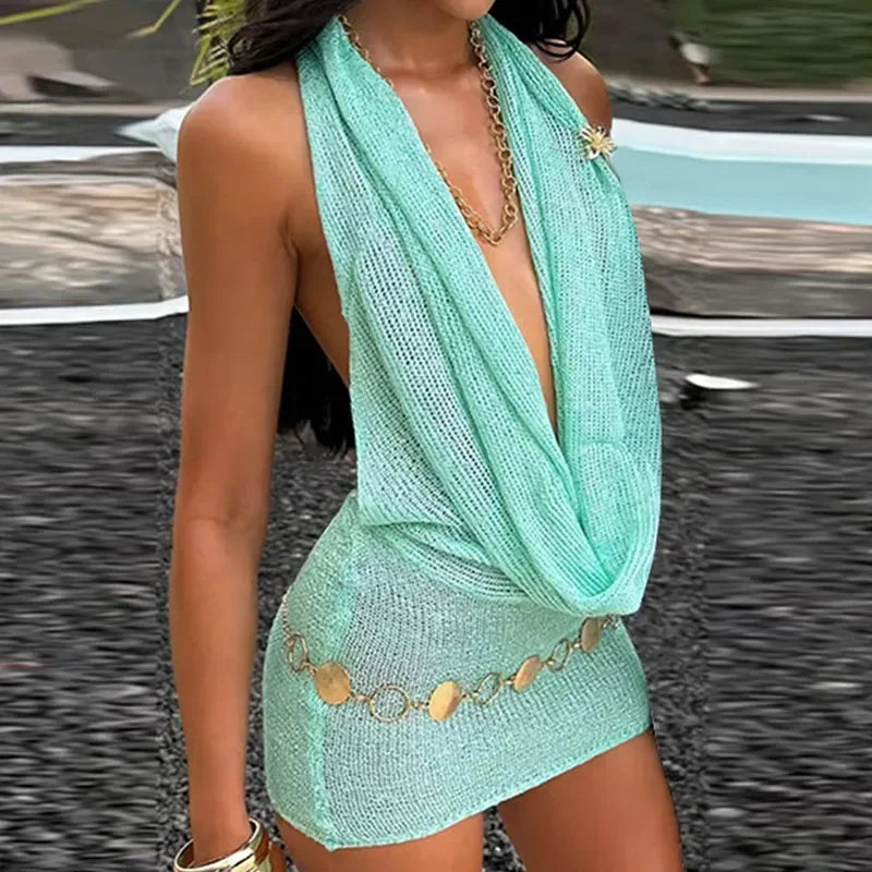 Sexy Sequin Halter Short Dress Women Backless Sleeveless Hip Package Party Dresses Female 2025 Summer Chic Night Club Robe Lady