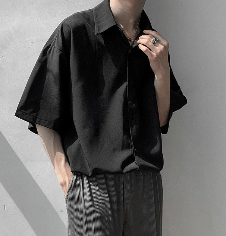 Clothes Short Sleeve Black Male Top Plain Men's Shirt And Blouse With Collar Korean Style Xxl Luxury Summer Original Silk Luxury