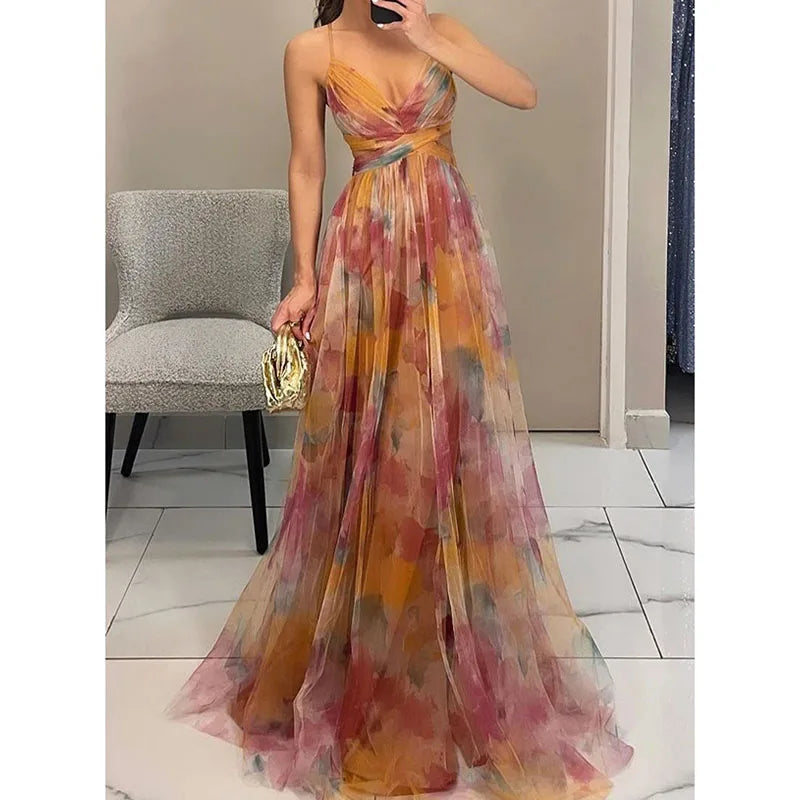 Elegant Print Pleated Mesh Evening Dress Sexy Off Shoulder Ins Vacation Long Dress Summer V Neck High Waist Backless Sling Dress