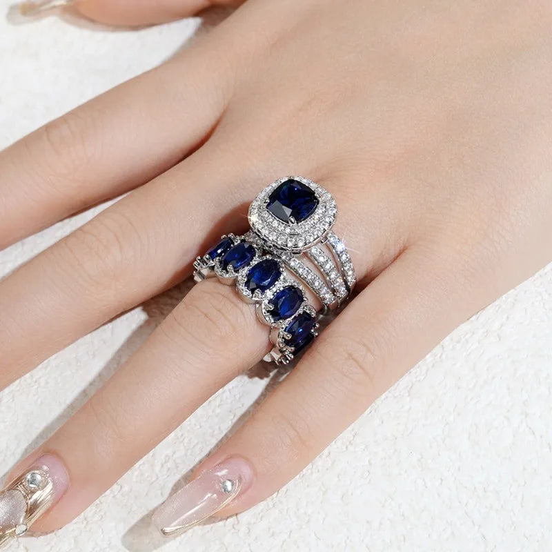 2pcs Luxury Jewelry Trendy Set Rings for Women Dark Blue Pink Cubic Zirconia Rings Gorgeous Wedding Accessories Eternity Jewelry