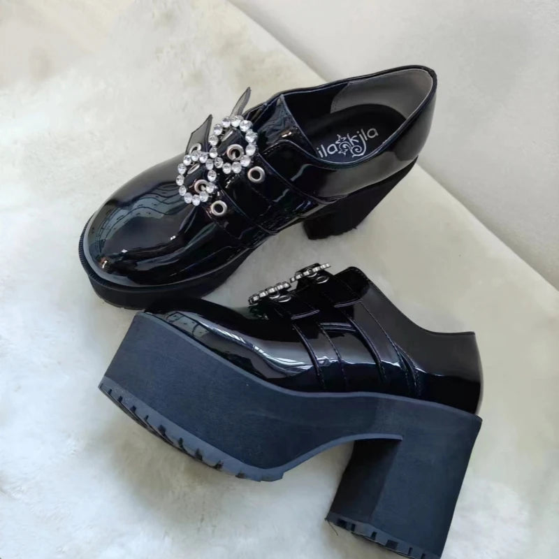 Japanese Mine Series Round Drill Buckle JK Patent Leather Shoes Student Mass-Produced Platform High Heels Uniform Women's Shoes