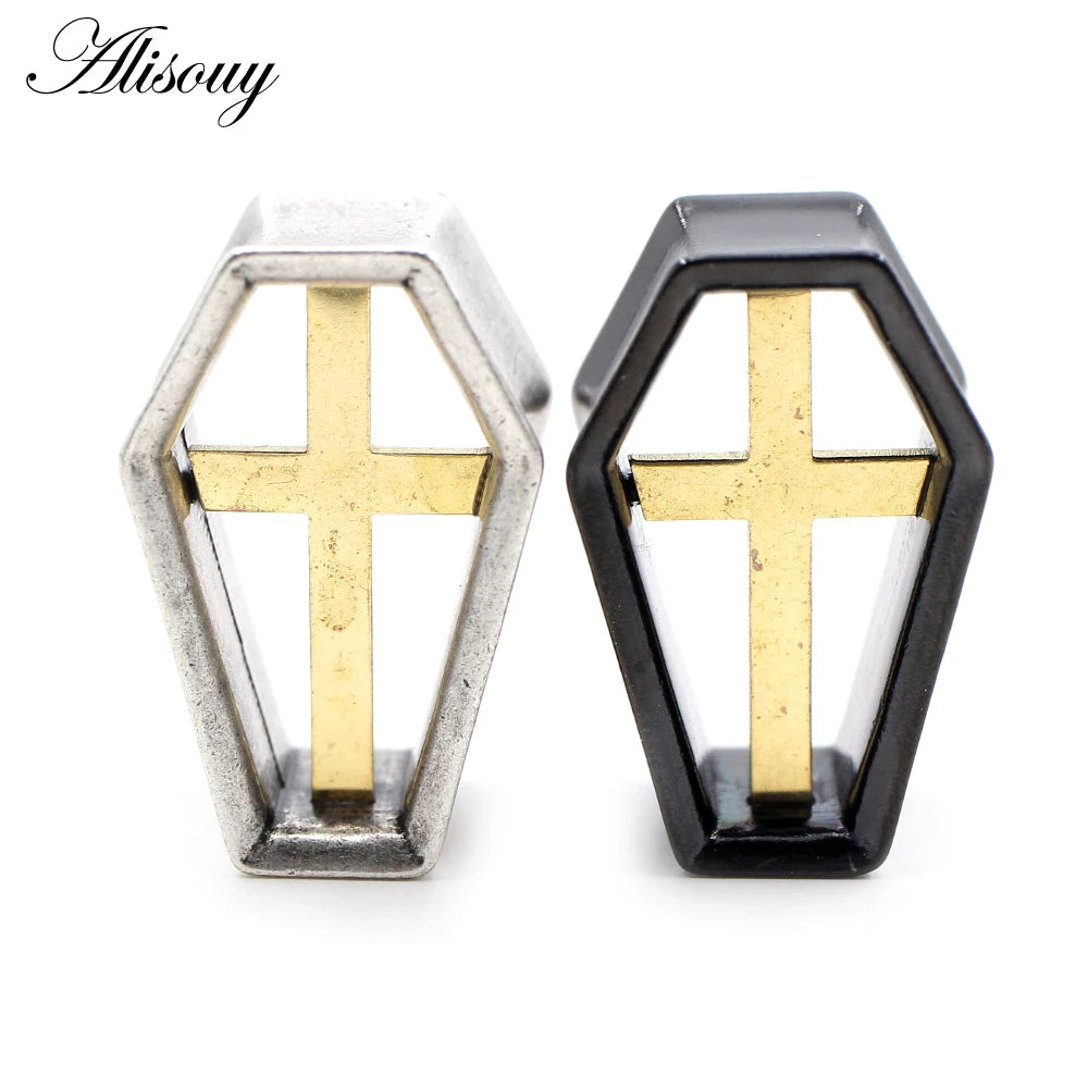 Alisouy 1PC Punk Alloy Casting Coffin Hexagon Cross Ear Tunnels Plugs Expander Stretcher Gauges Earrings Piercing Body Jewelry