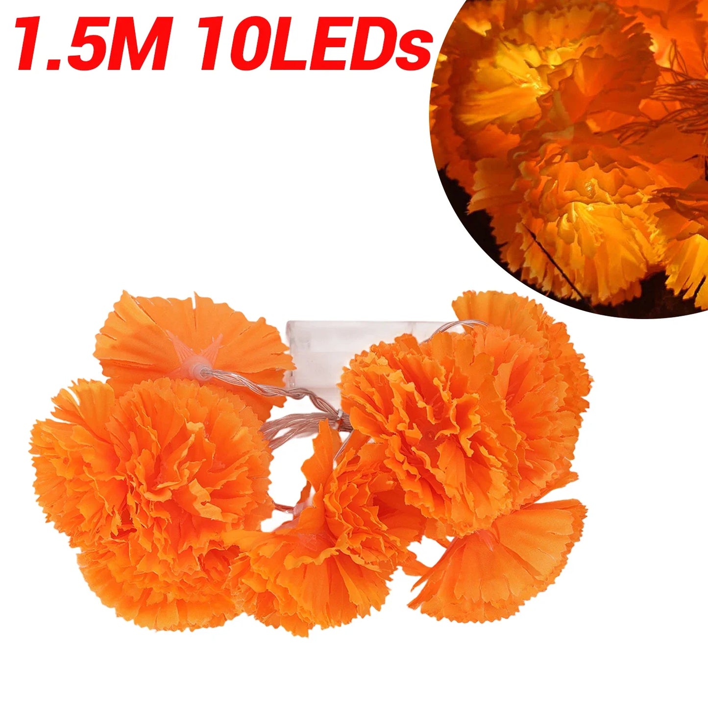 Marigold Flowers LED Light String Halloween Artificial Marigold Garland Battery Powered Lamp Halloween Outdoor Party Decorations