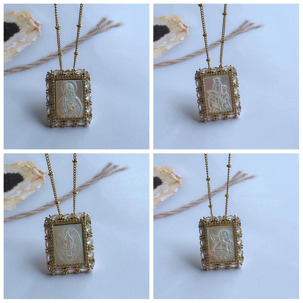 Natural Mother Pearl Shell Virgin Mary Guadalupe San Benito Charm Necklace Rectangle Religious Medals Necklace for Women & Gift