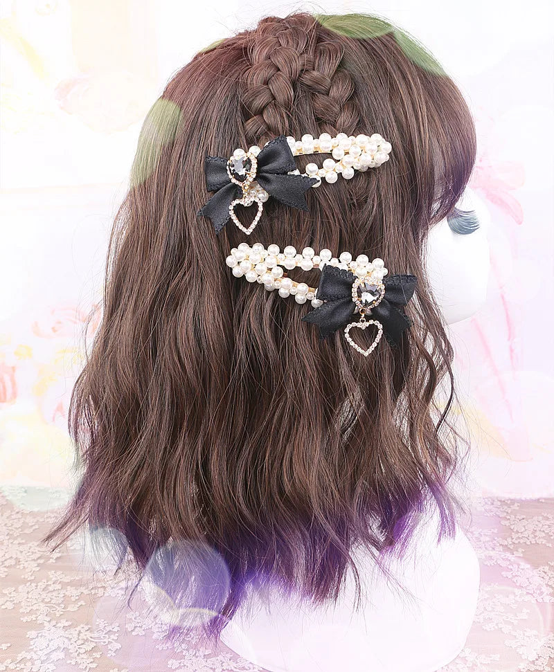 Cute Sweet Japanese Lolita Barrettes Hairpin Mine Pearl Bow Rhinestone Love Heart A Pair Of Hairclips Side Clip Hair Accessories