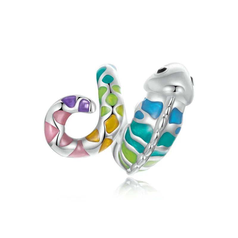 WOSTU Real 925 Sterling Silver Rainbow Color Chameleon Charms Animal Bead Fit Original Bracelet DIY Necklace Jewelry Making Gift