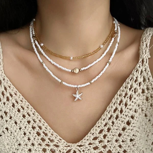 Boho Shell Turquoise Multi-layer Starfish Beaded Necklace for Women Beach Holiday Jewelry Minimalist Accessories