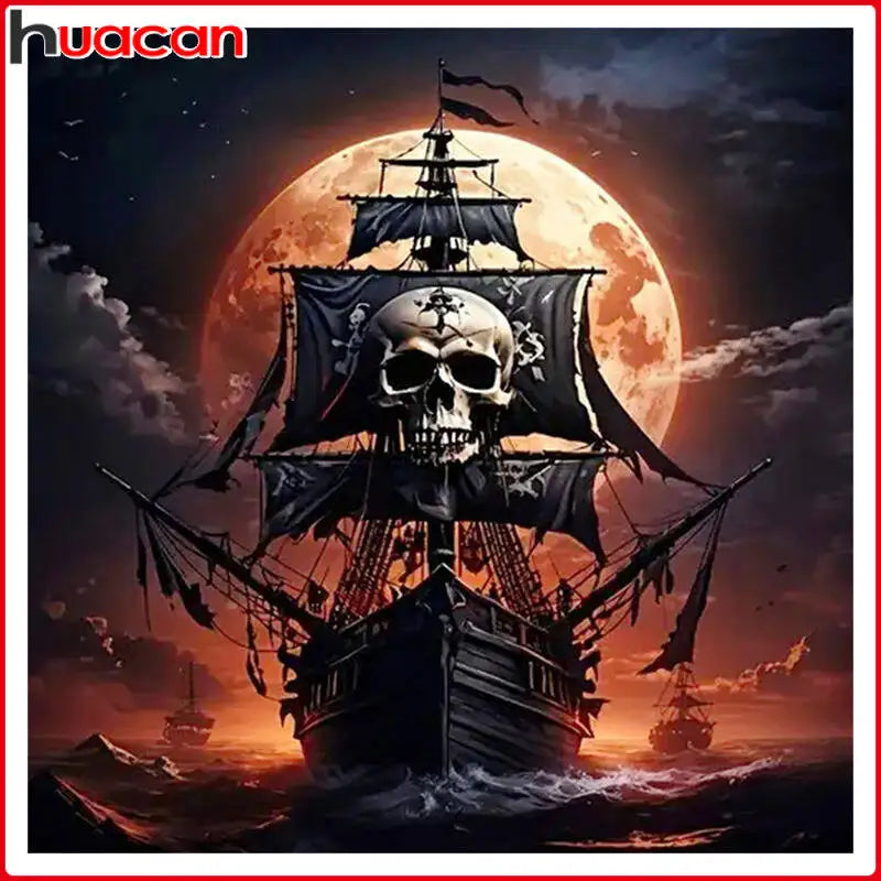 Huacan Cruise Ship Diamond Painting 5D Full Square Round Halloween Skeleton Sailboat Diamond Mosaic Art New Arrivals