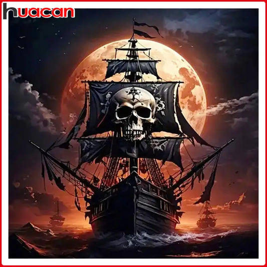 Huacan Cruise Ship Diamond Painting 5D Full Square Round Halloween Skeleton Sailboat Diamond Mosaic Art New Arrivals