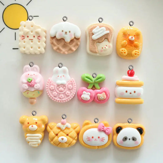 10Pcs Cute Cartoon Animal Cookies Resin Charms DIY Pendant Fun Earrings Necklace Jewelry Decor Kawaii Keychain Phone Craft Hook