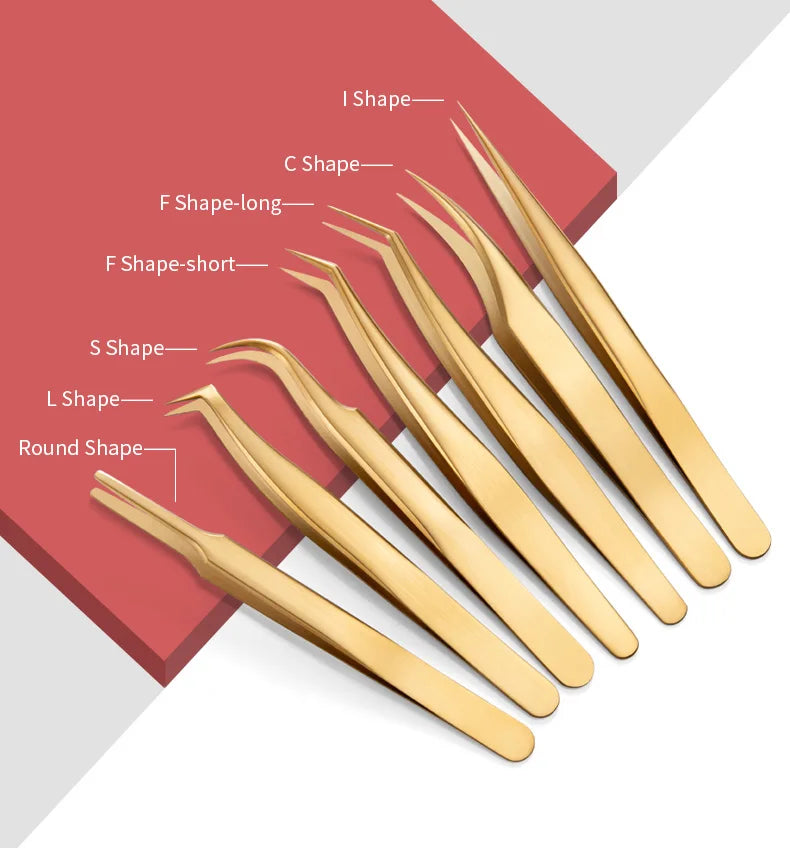 1PC Eyelash Tweezer For False Eyelash Extension Lash Fan Eyebrows Nail Art Clip Cilia Gold Stainless Steel Tweezers Makeup Tools