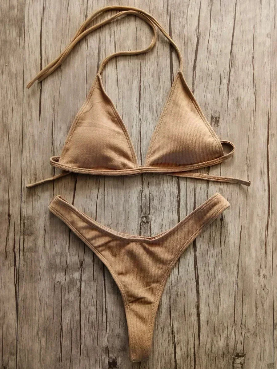 Bandeau Tanga Bikinis Ribbed Bikini 2025 Sexy High Cut Bikini Set Brazilian Swimsuit Thong Swimwear Women Girls Swimming Suit