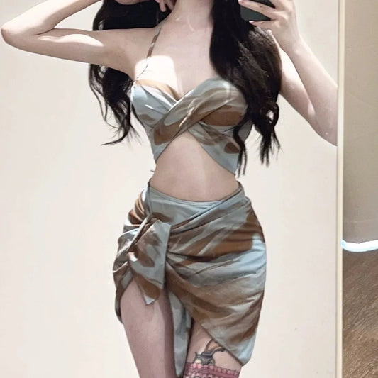 sexy Korean fashion blue tie dye print push up bikinis sets 3pcs with mesh cover skirt swimsuit sweet beach outfits biquini