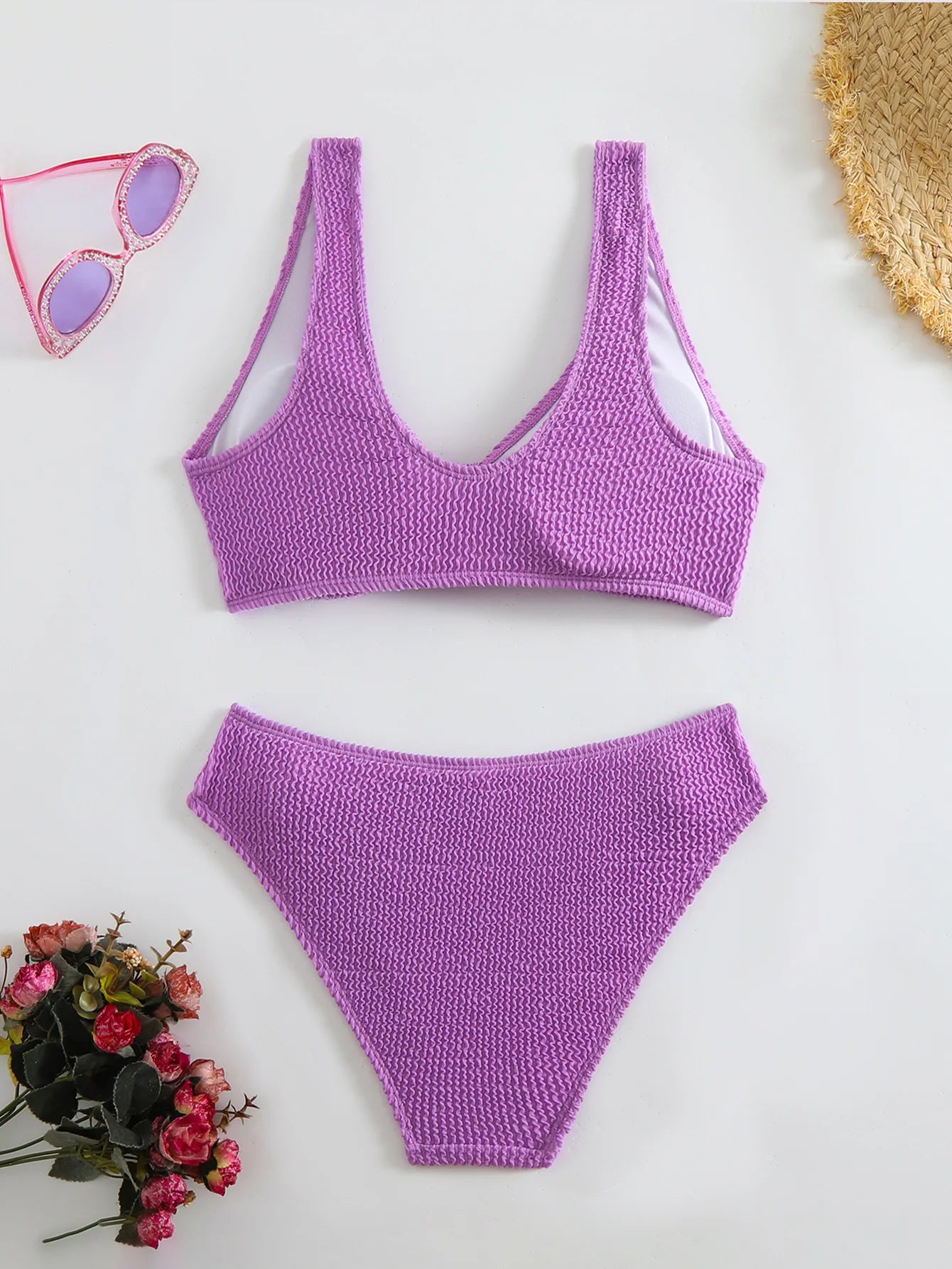 2025 Summer New Women's 2 Piece Swimsuit Solid Color High Waist Bikini Set V-neck Backless Beach Vacation Bathing Suit Swimwear