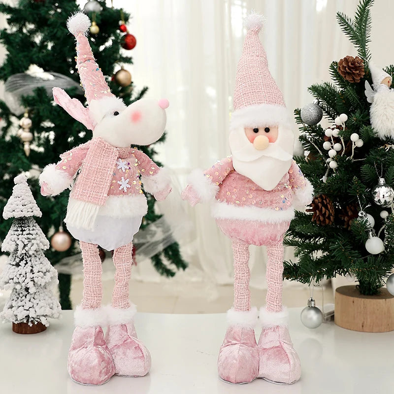 1pc Christmas pink doll, pink doll with sequined telescopic legs, family holiday decoration, table ornament, Christmas gift