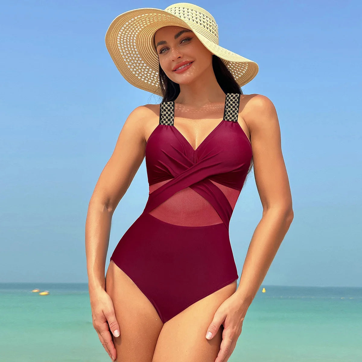 Sexy One Piece Swimsuit Women's Pure Color Mesh Bikini Swimsuit Summer New