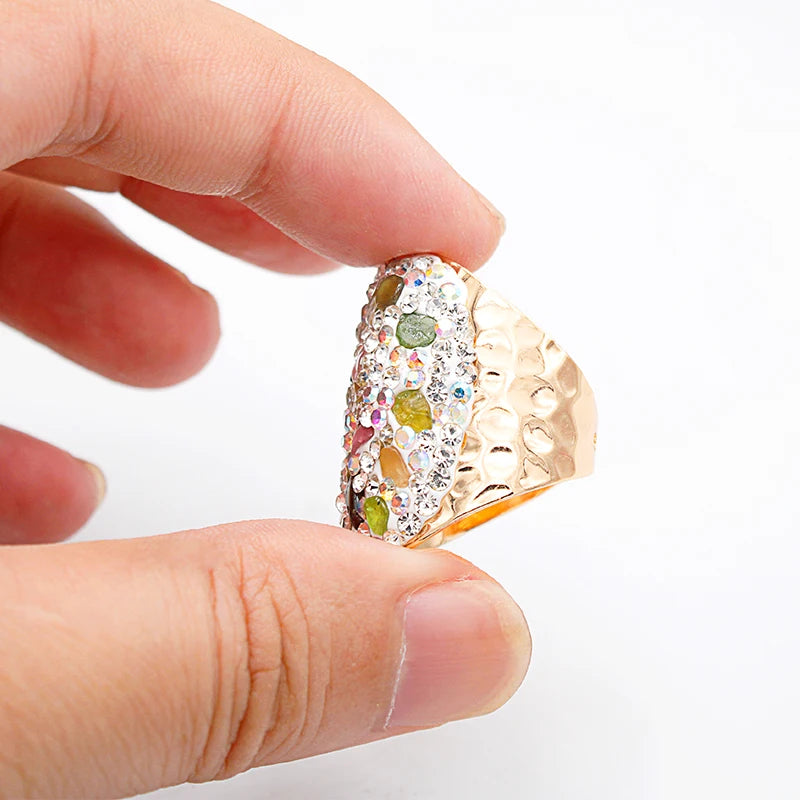 Irregular Rainbow Tourmaline Open Ring for Women Girls Micro Inlay Gold-color Chip Stones Party Wedding Anniversary Gift Jewelry