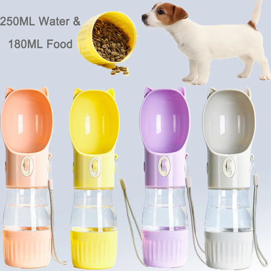 2 in 1 Portable Dog Water Bottle PC Plastic Cat Head Puppy Pet Drink Bowl 250ML Feeding Water Bowl 180ML Storage Food Container