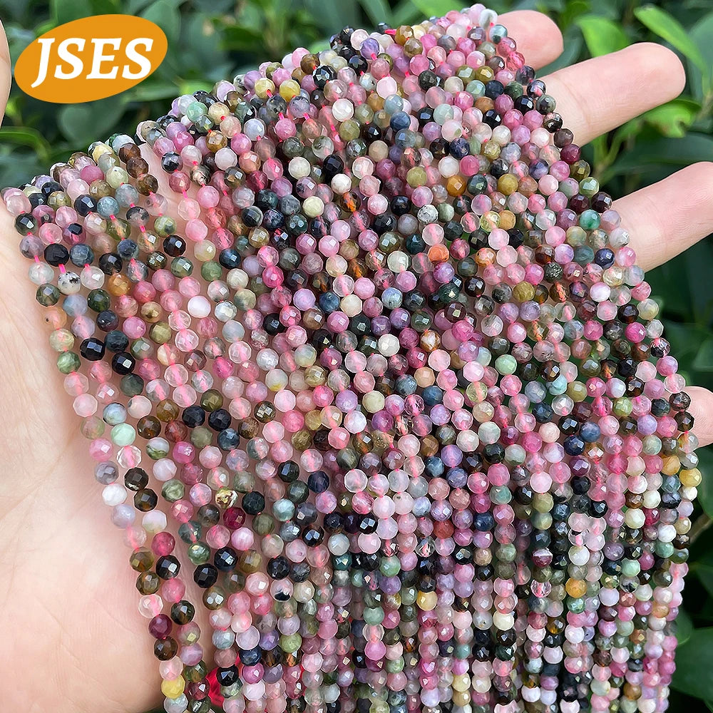 Natural Colorful Tourmaline Faceted Beads Round Loose Spacer Beads for Jewelry Making 3/3.5mm Bracelet DIY Accessories Charms