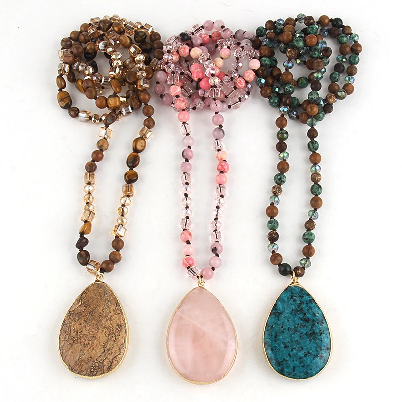 Fashion Bohemian Jewelry Accessory 6mm Stone/Glass Knotted Stone Drop Pendant Necklaces Women Beaded Necklace