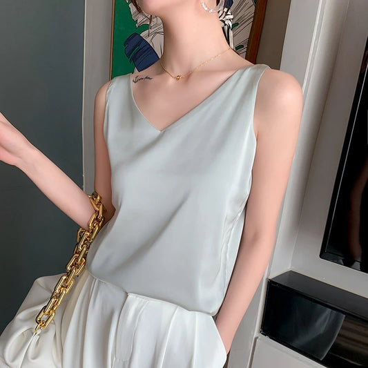 Women's New Four Seasons Inner Wear Silk Suspenders 2022 V-Neck Solid All-Match Satin Vest Soft Loose Thin Lady Sleeveless Tops