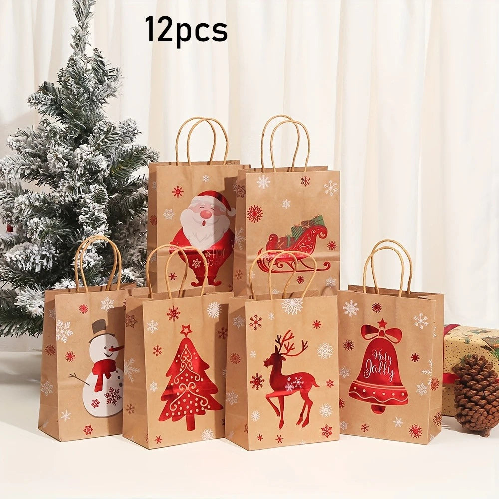 Festive Christmas Gift Bags - 20.5cm x 14.99cm x 7.98cm Brown Kraft Paper Tote Bags with Holiday Designs Christmas paper bag