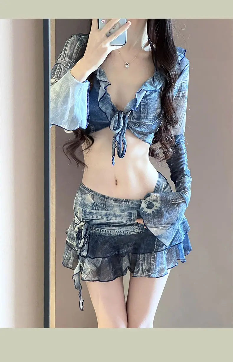 Bikini Swimsuit Lady Denim Blue Four Piece Set Sexy Fashion Vacation Sand Auricularia Auricula Edge Slim A-line Skirt Swimwear