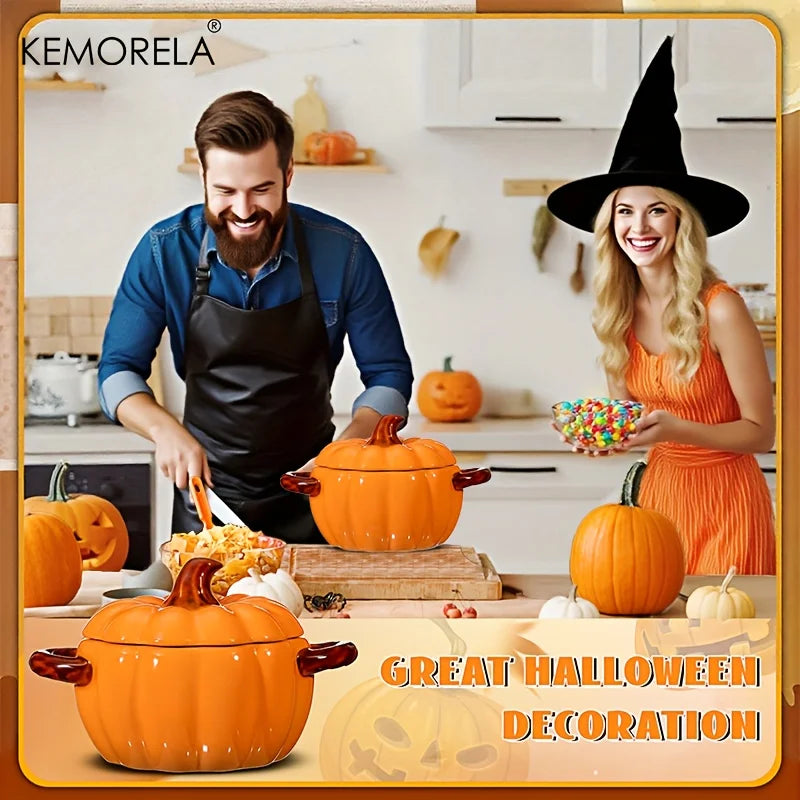 Halloween Pumpkin Bowl Ceramic Pumpkin Casserole Oven-Safe Pot With Lid And Handles, Perfect For Thanksgiving And Halloween
