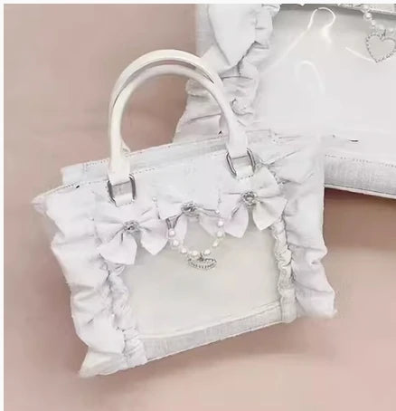 Japanese Style Mine Ita Bag Ruffled Lace Women Girls Rhienstone Pearl Bowknot Square Tote Shoulder Portable Bolso Handbags