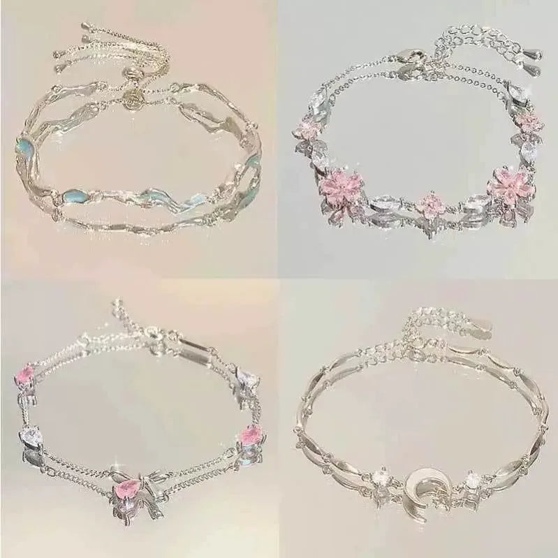 Sparkling Cherry Blossoms Butterfly Bracelet Women's Fashion Temperament Wave Moon Flower Adjustable Bracelet Wedding Jewelry