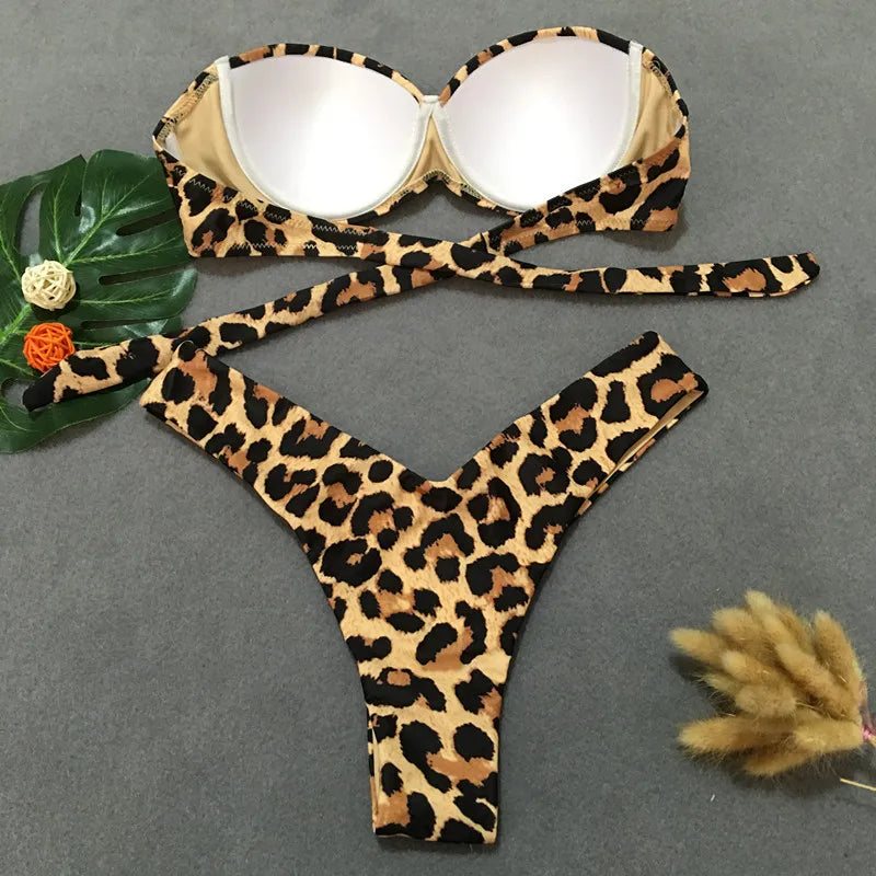Sexy Leopard Bikini 2023 Push Up Bandeau Swimsuit Female Swimwear Women Thong Bikinis Set Bather Beachwear Bathing Suit Pool