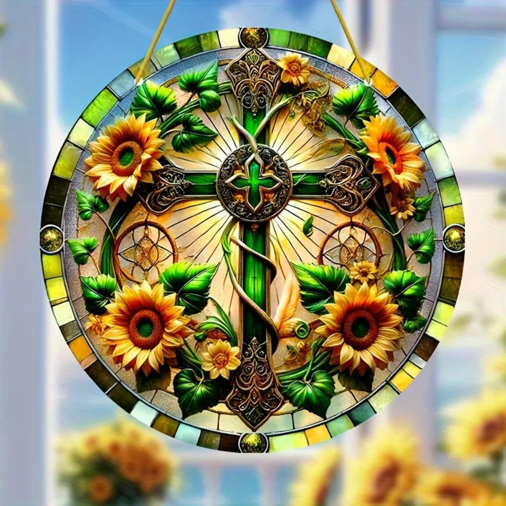 Flower Suncatcher, Stained Window Hanging, Acrylic Sign, Winter Decor, Round Sign, Wreath Sign, Wreath Center, Christmas Gift