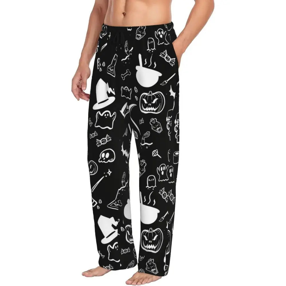 Custom Cute Spooky Halloween Bats Black And Purple Pajama Pants for Men Lounge Sleep Drawstring Sleepwear Bottoms with Pockets