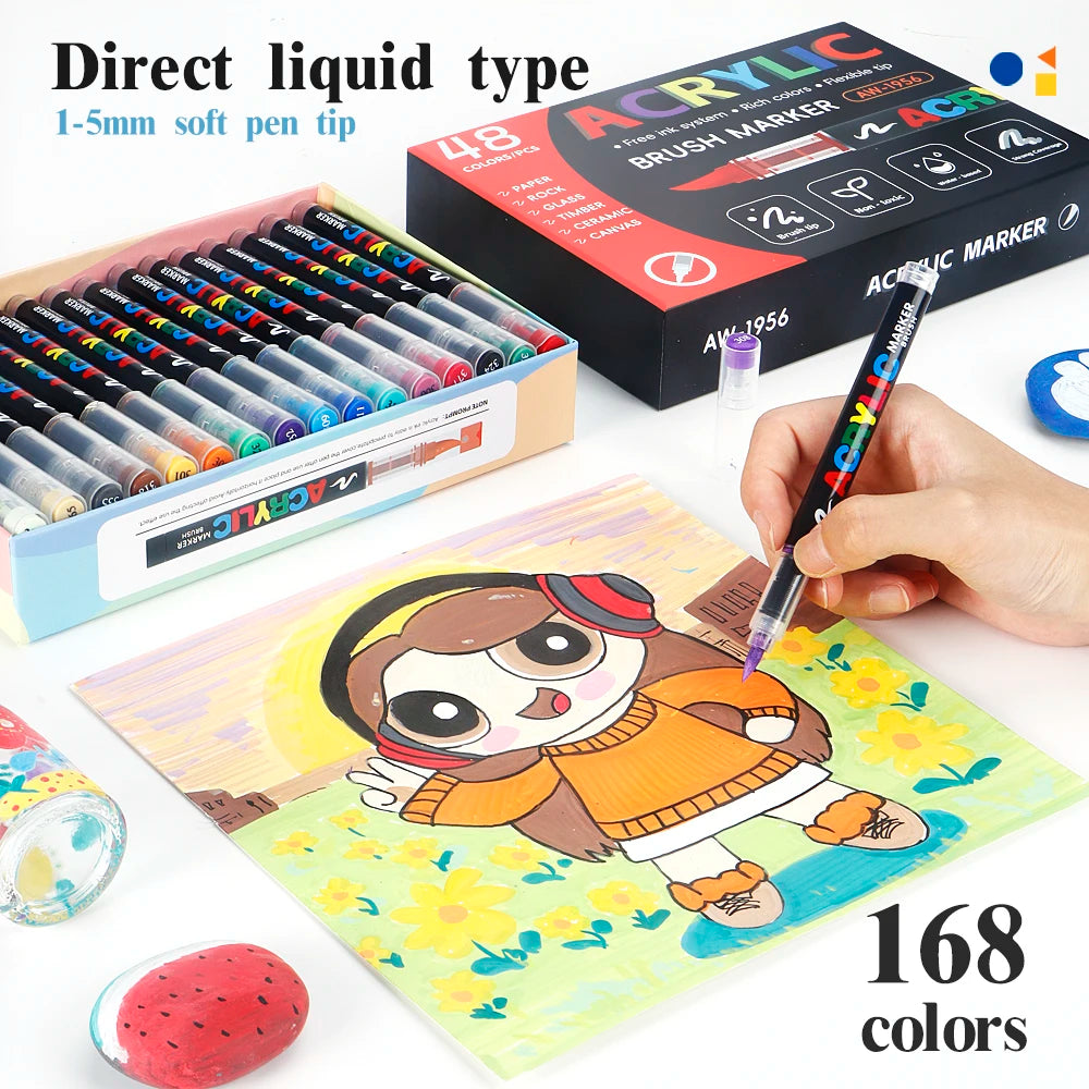 60/72/120/168 Color Acrylic Paint Pen Marker Brush Tip Paint Marker For Rock Painting Wood Canvas Stone Christmas Gift DIY Craft
