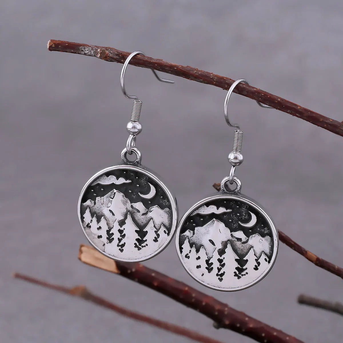 Vintage Forest Moon Drop Earrings For Men Stainless Steel Fashion Tree Plant Hip Hop Biker Earrings Punk Simple Jewelry As Gift
