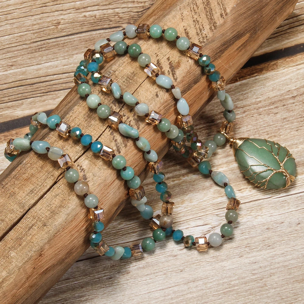 New Fashion Bohemian Spring Women Jewelry 6mm Natural Stone Knot Necklace Hand Wrapped Life Tree Stone Drop Pendant Necklace