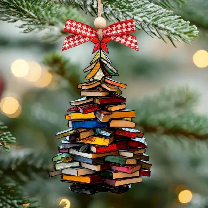 Acrylic Stacked Book Christmas Tree Ornament Clear Book Lover Hanging Decoration Christmas Gift Pendant for Home Office Bookcase