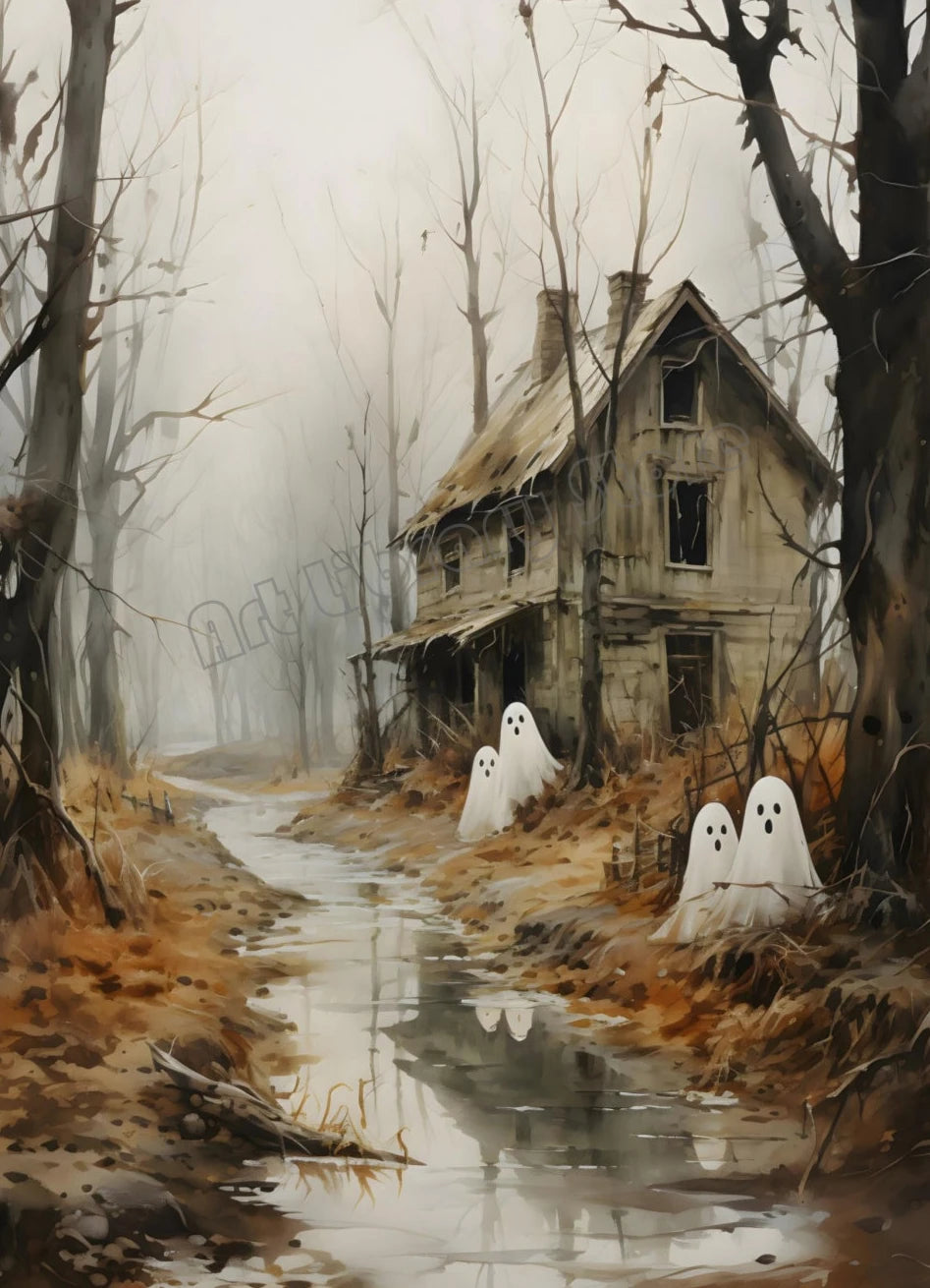 Spooky Halloween Town Folk Magical Forest Ghost Pumpkin Illustration Poster Canvas Painting Wall Pictures Holiday Home Decor