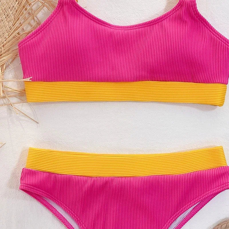 Sexy Splicing Ribbed Bikinis High Waist Bikini 2025 Female Swimsuit Women Swimwear Two-pieces Bikini Set Bathing Suit Swim Lady