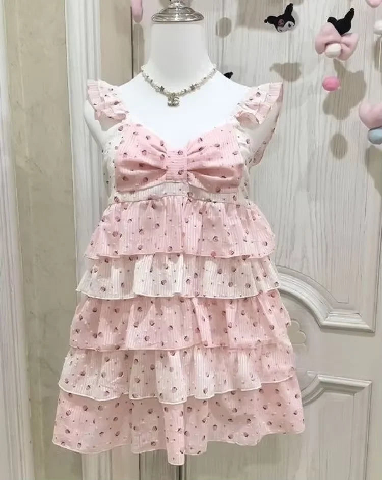 Strawberry Print Cute Dress Women Contrast Patchwork Y2k Aesthetic Dresses Vintage Sleeveless Kawaii Girl JK Ruffled Vestidos