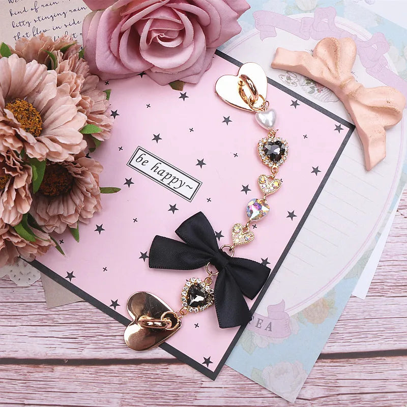 Japanese Sweet Cute Handmade Rhinestone Bow Hairpin Pearl Lace Hairclips Lolita Women Girls Side Clip Bag Pendant Handbag Charms