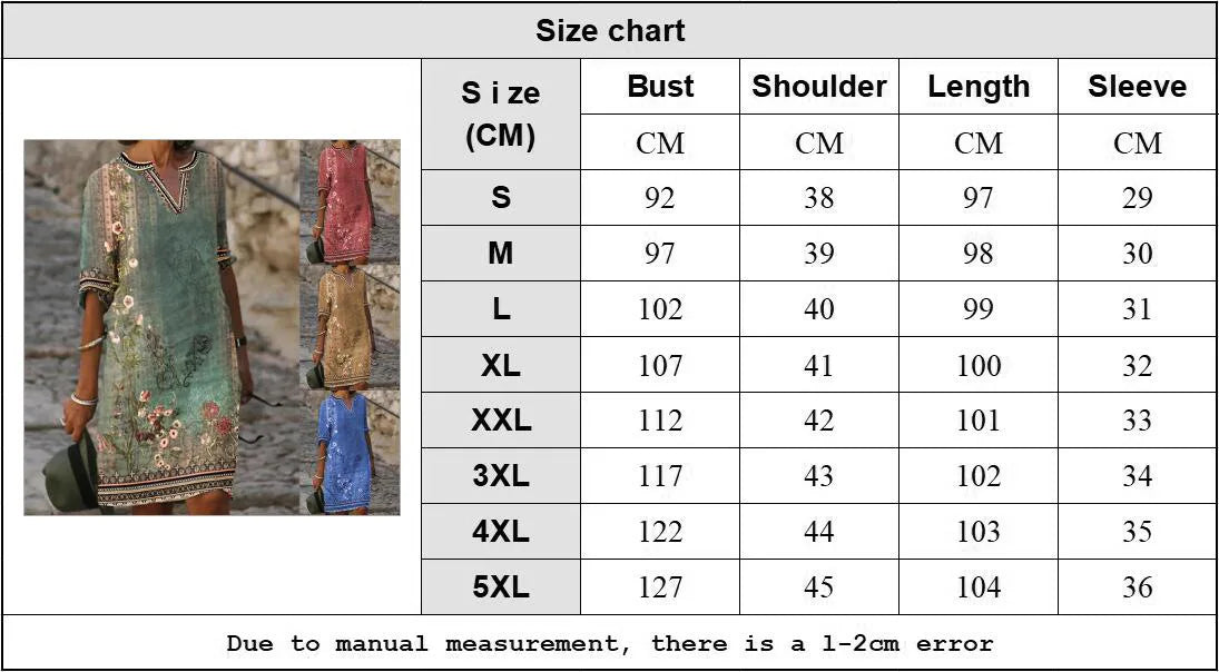 Elegant Women's Loose  Dresses Flower 2023 Spring/Summer Ethnic Style Buddy Print Retro Casual V-neck Dress Lady Robe S-5XL